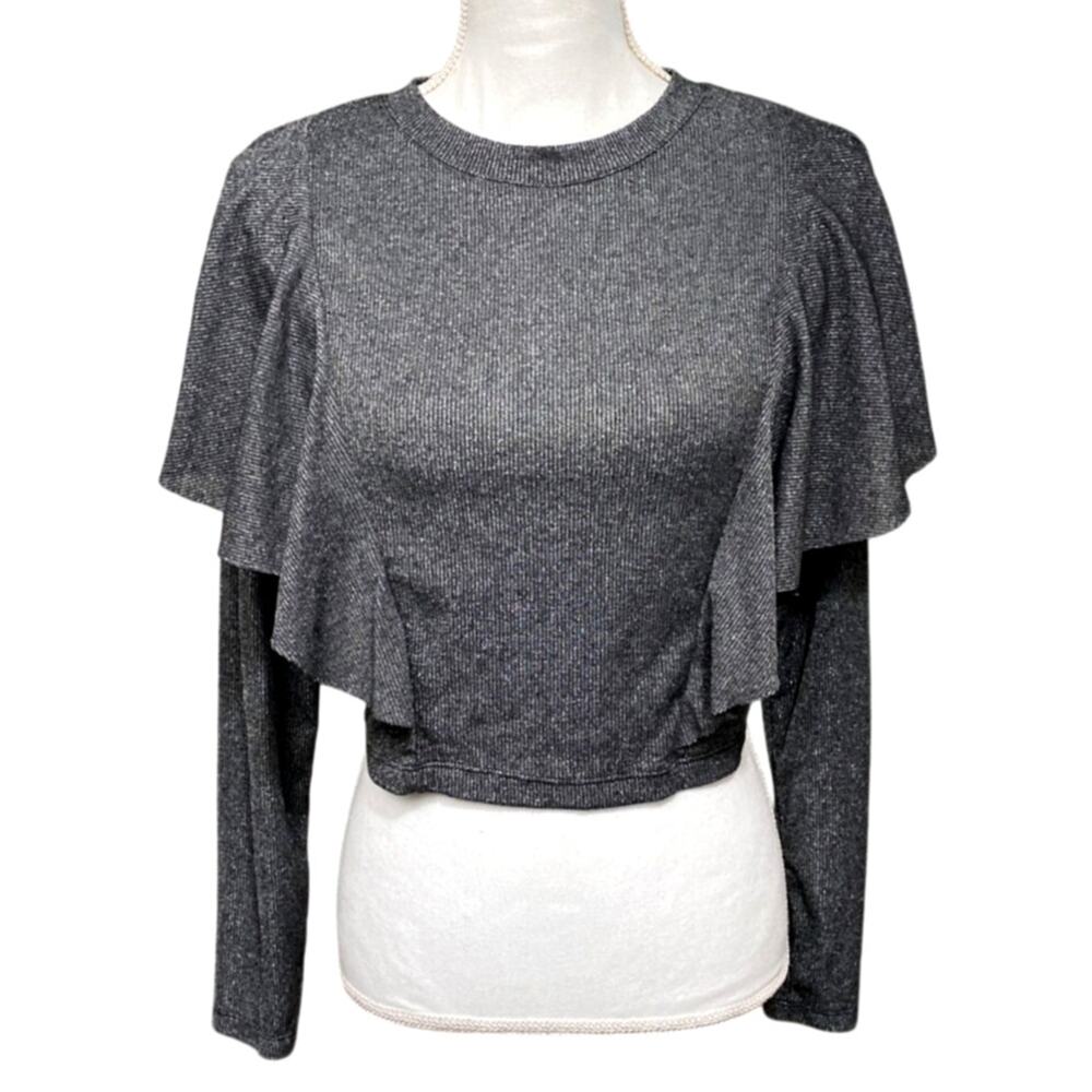 Women's Silver Metallic Ruffle Flounced Top Long Sleeve Sparkle Holiday SZ Large